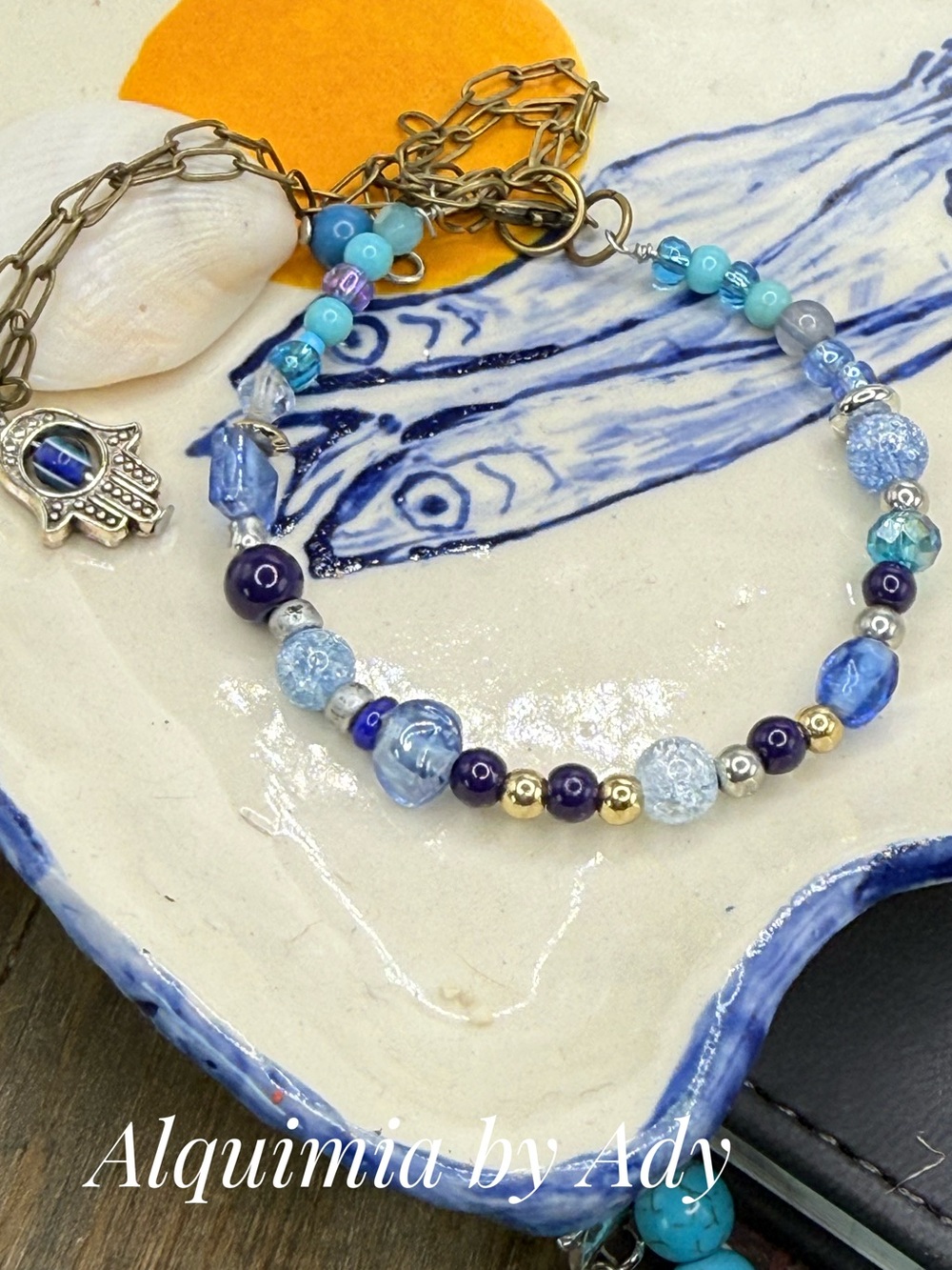 Mixed Blue gemstones and hamsa 🪬 Beaded Bracelet